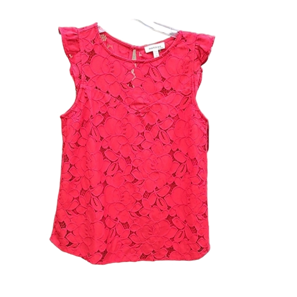 Monteau of Los Angeles, Lace Sleeveless Top, Ruffled Shoulder, Red, Orange